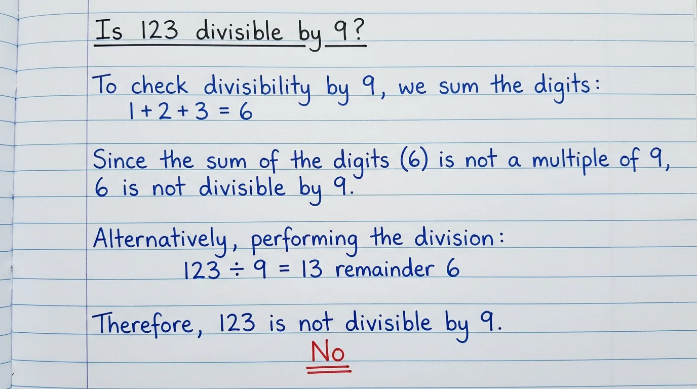 Handwritten notebook page adding the digits of 123 to get 6, which is not a multiple of 9