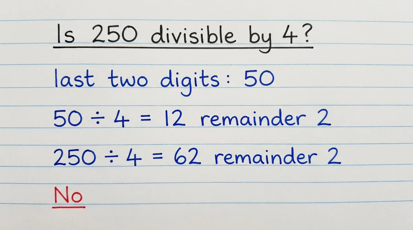 Handwritten notebook page checking whether 250 is divisible by 4