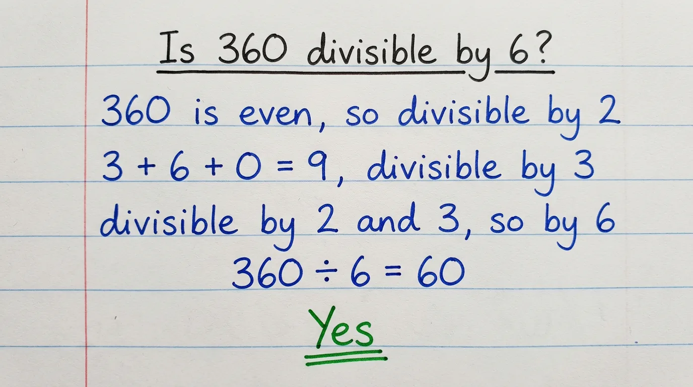Handwritten notebook page showing 360 divided by 6 equals 60 with remainder 0, so 360 is divisible by 6