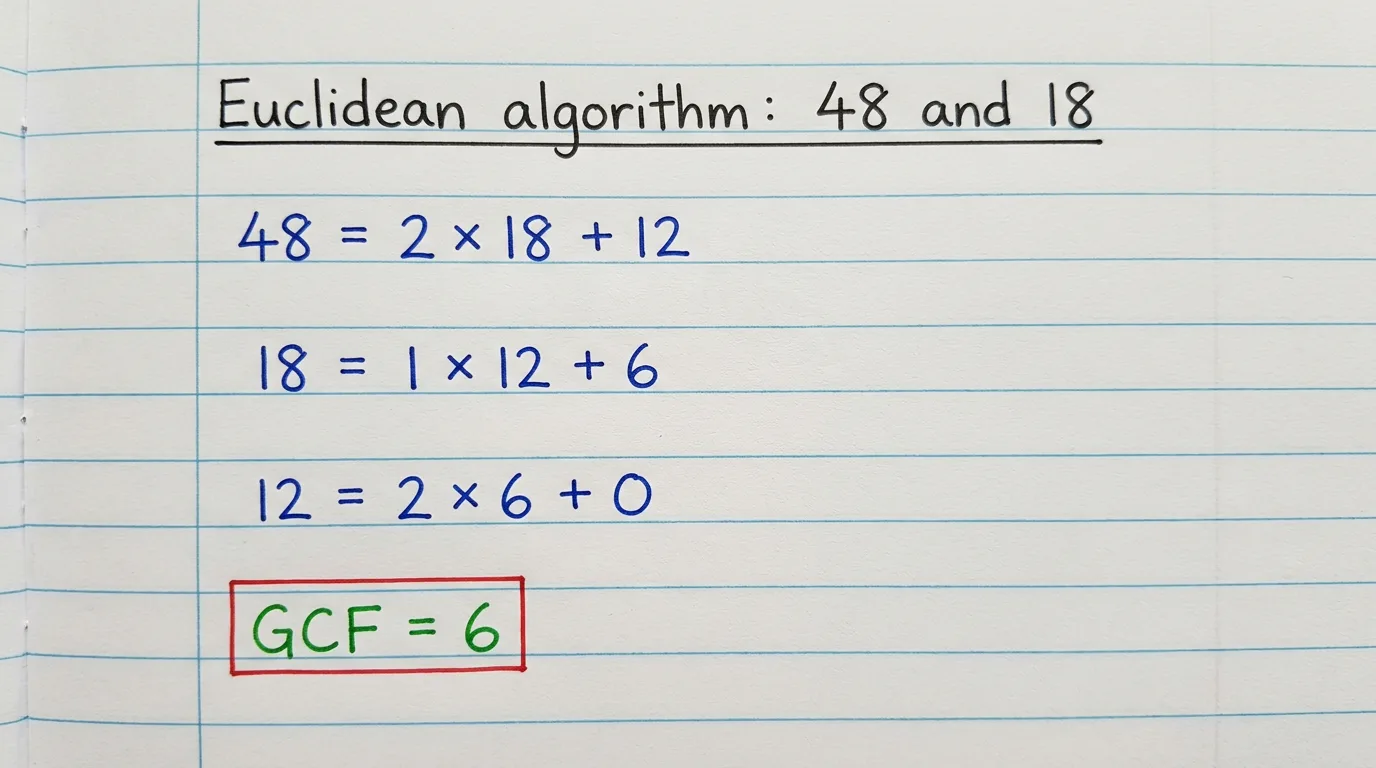 Handwritten notebook page running the Euclidean algorithm on 48 and 18