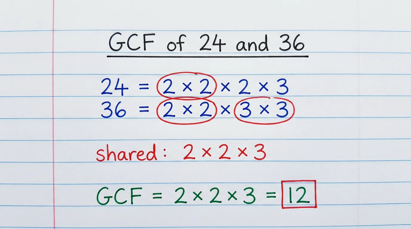 Handwritten notebook page working out the GCF of 24 and 36