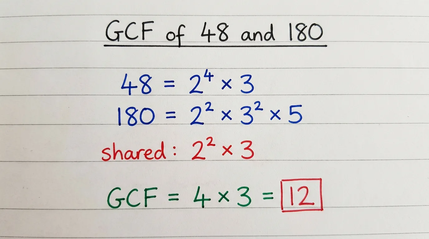 Handwritten notebook page working out the GCF of 48 and 180