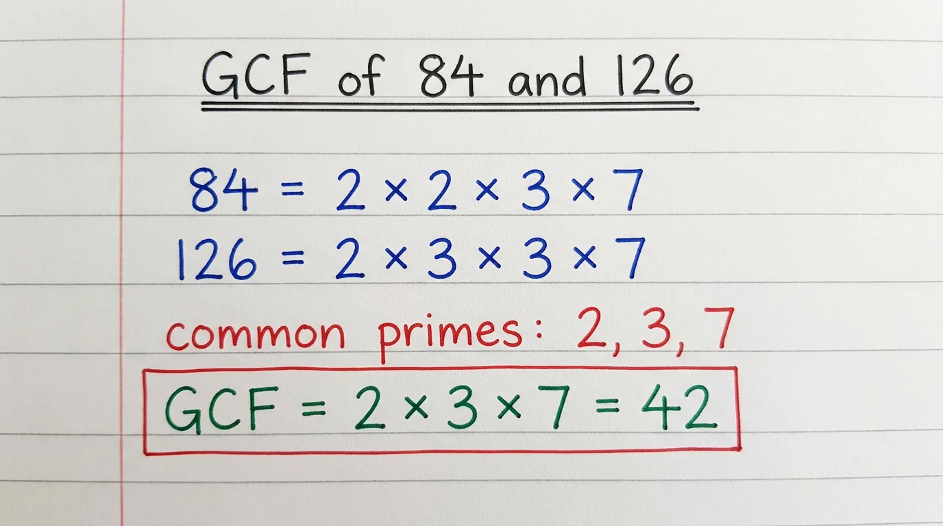Handwritten notebook page working out the GCF of 84 and 126
