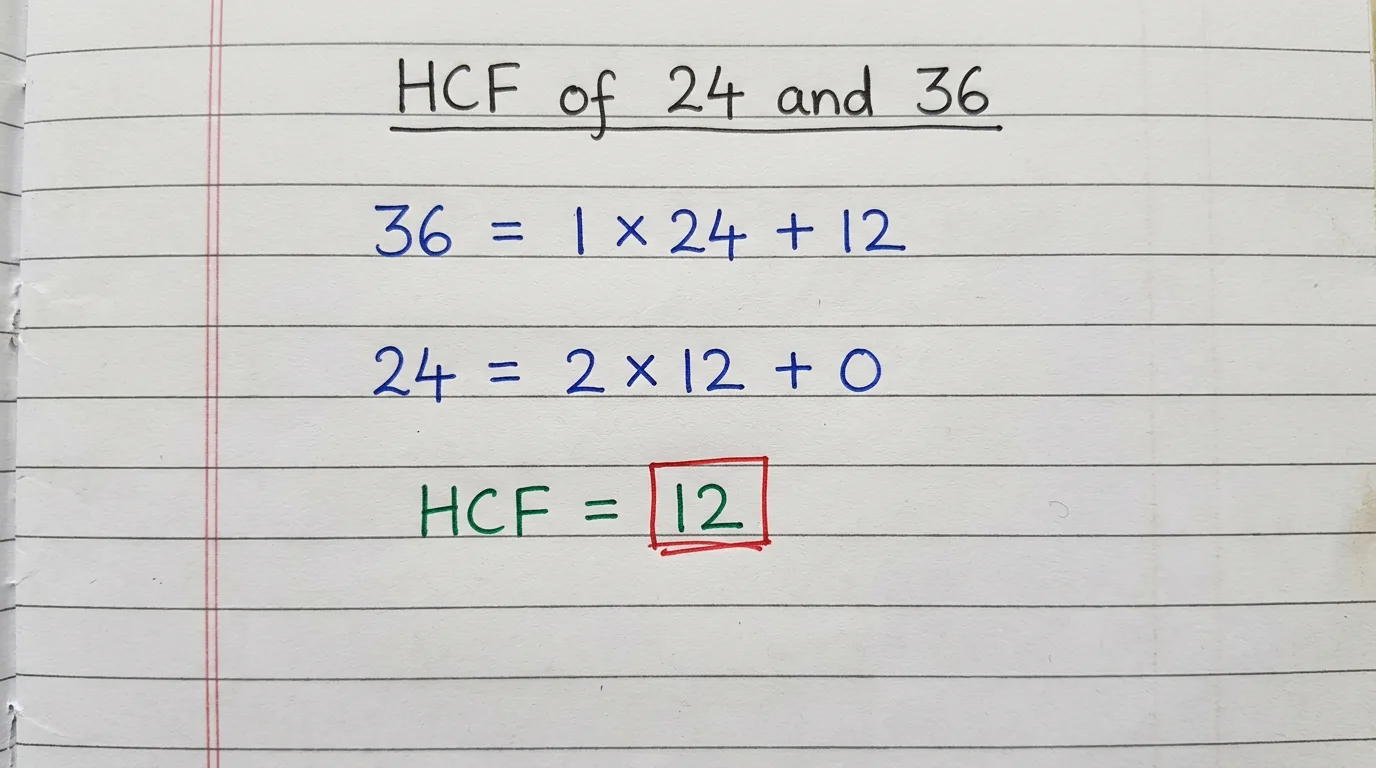 Handwritten notebook page working out the HCF of 24 and 36
