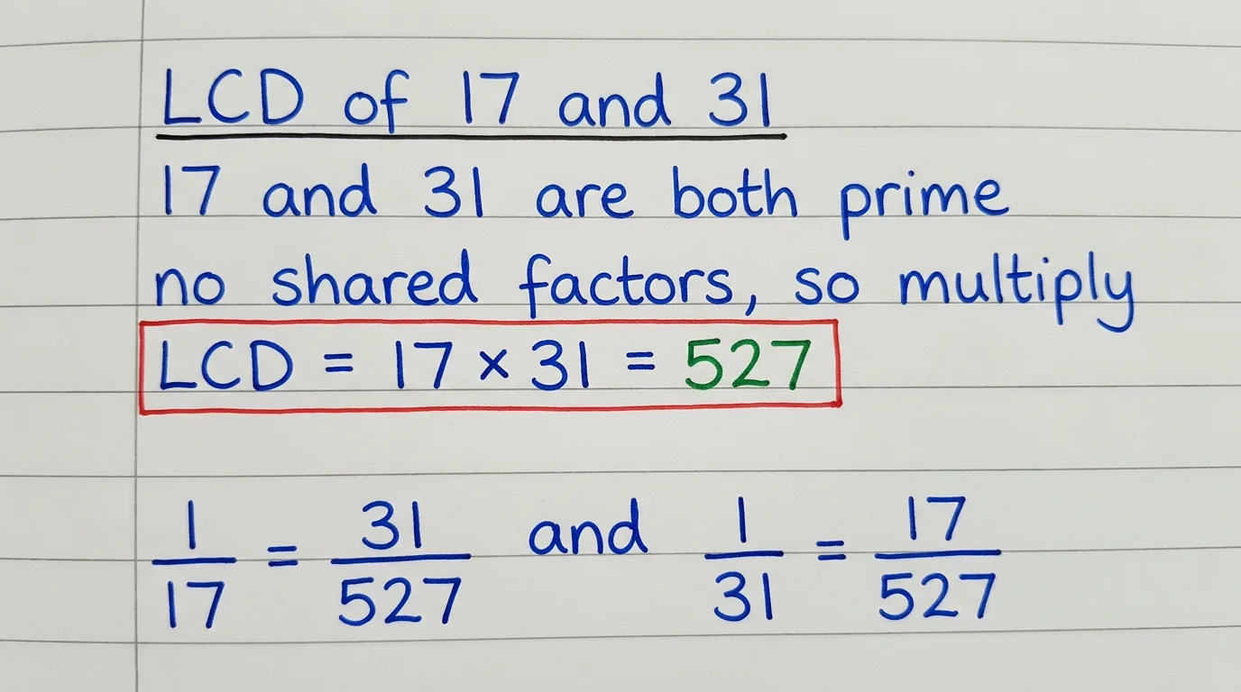 Handwritten notebook page showing the LCD of 17 and 31 is their product, 527, because both are prime