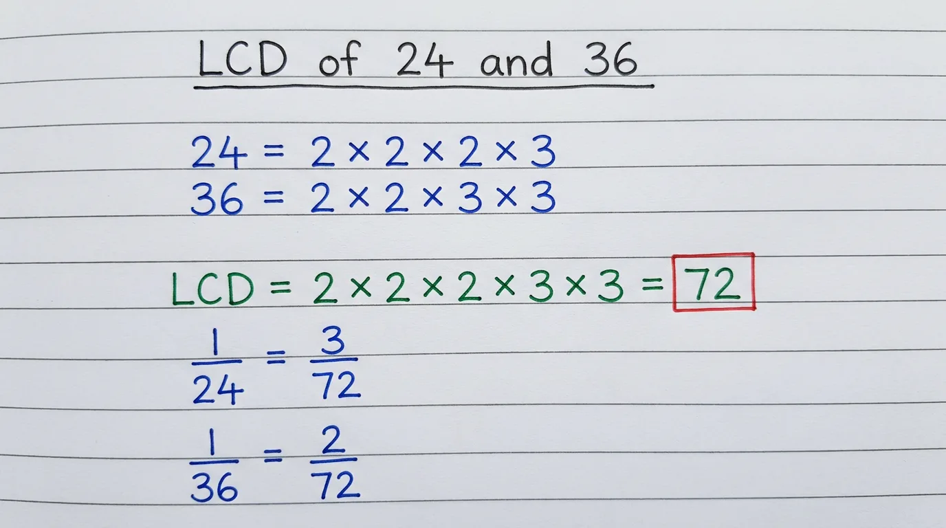 Handwritten notebook page finding the LCD of 24 and 36 as 72 with equivalent fractions 3/72 and 2/72