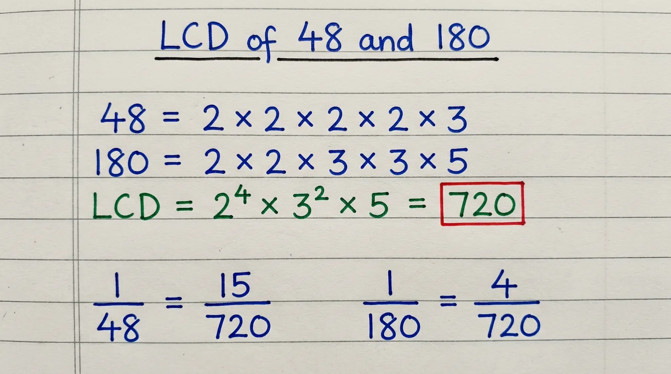 Handwritten notebook page working out the LCD of 48 and 180
