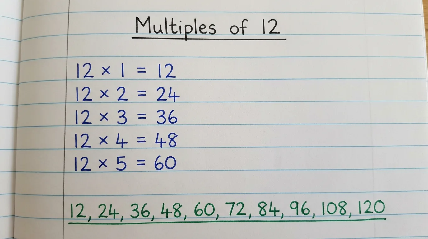 Handwritten notebook page listing the first ten multiples of 12 from 12 up to 120