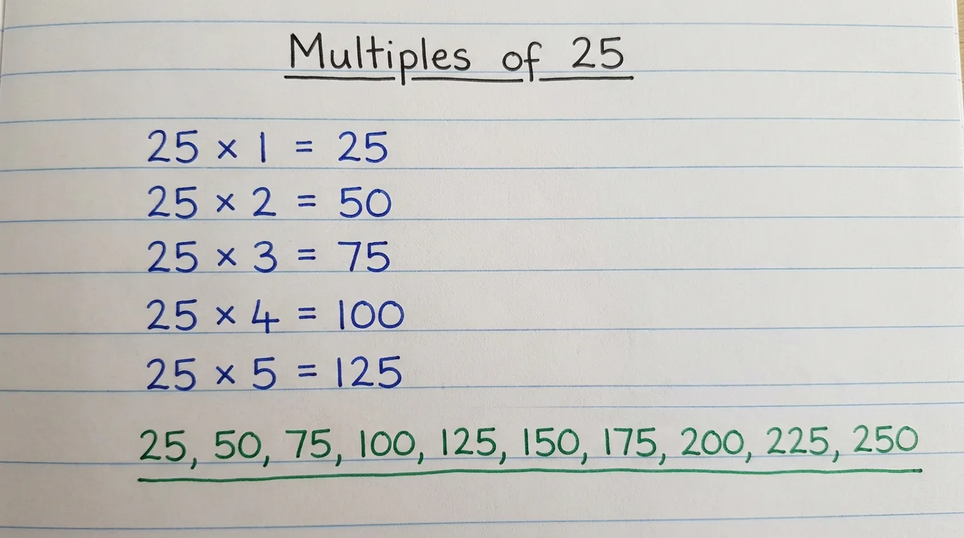 Handwritten notebook page listing the first multiples of 25