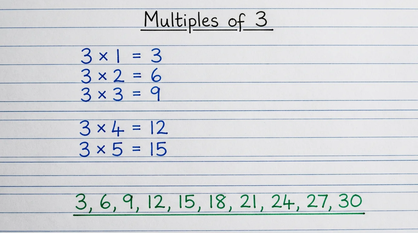 Handwritten notebook page listing the first multiples of 3