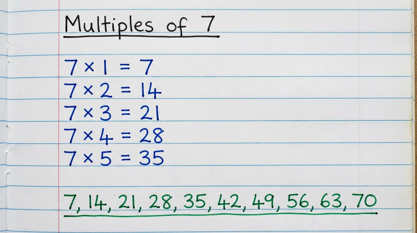 Handwritten notebook page showing the multiples of 7 built by adding 7 each time