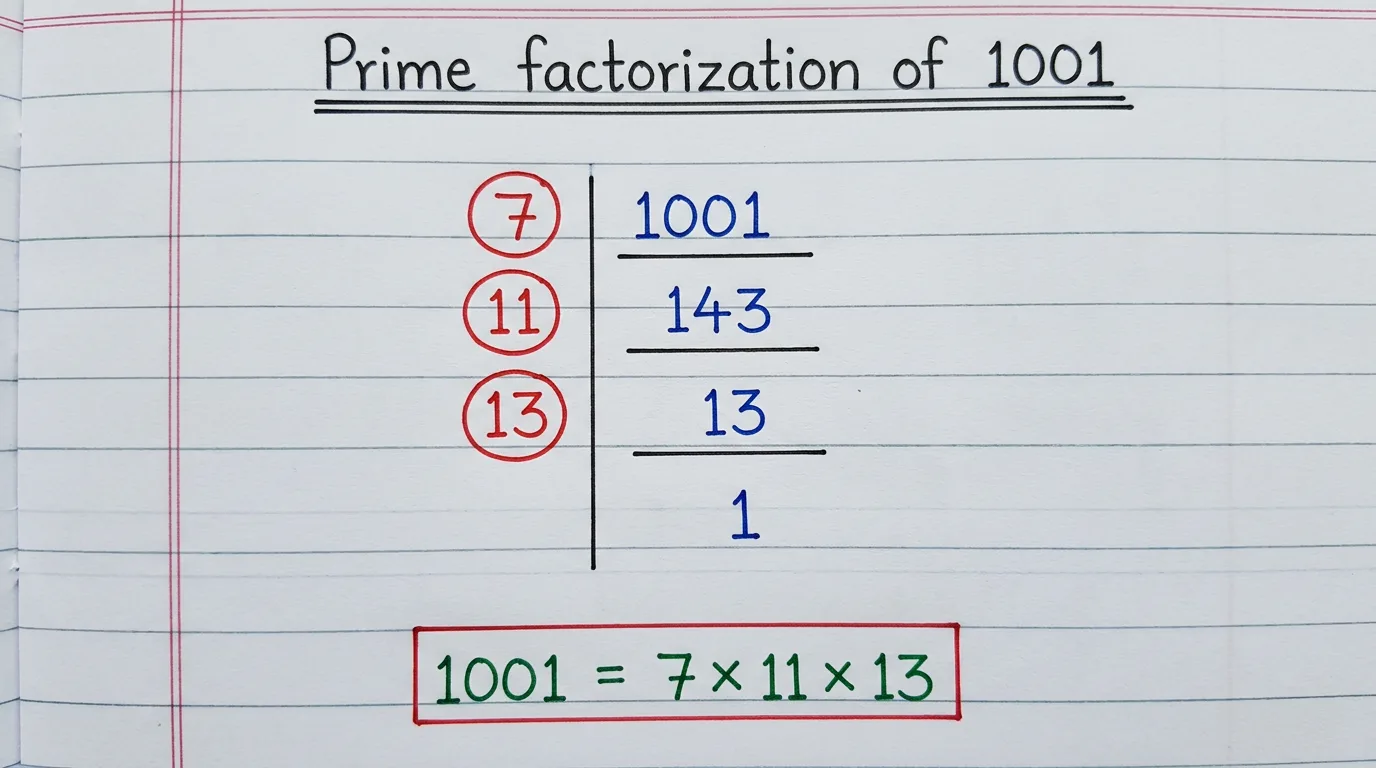 Handwritten notebook page showing the division ladder for the prime factorization of 1,001