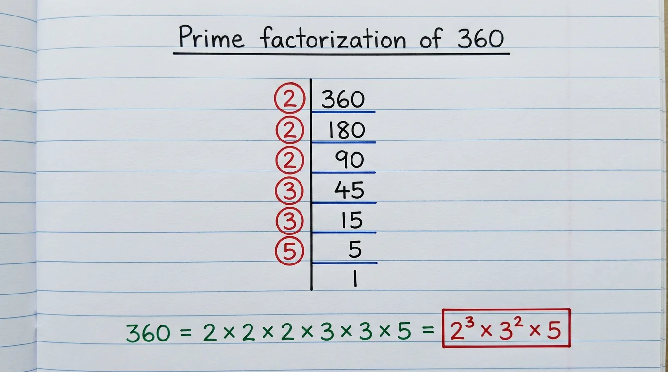 Handwritten notebook page showing the division ladder for the prime factorization of 360