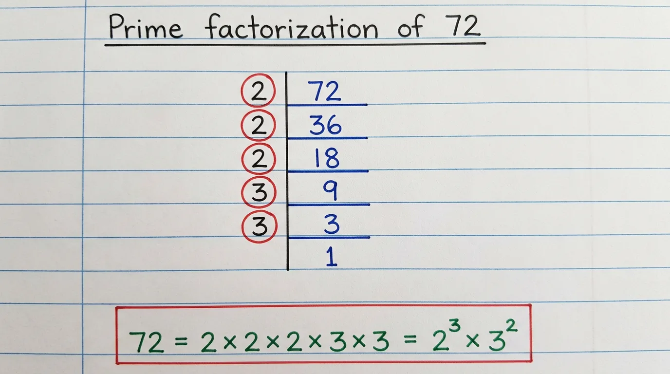 Handwritten notebook page showing the division ladder for the prime factorization of 72