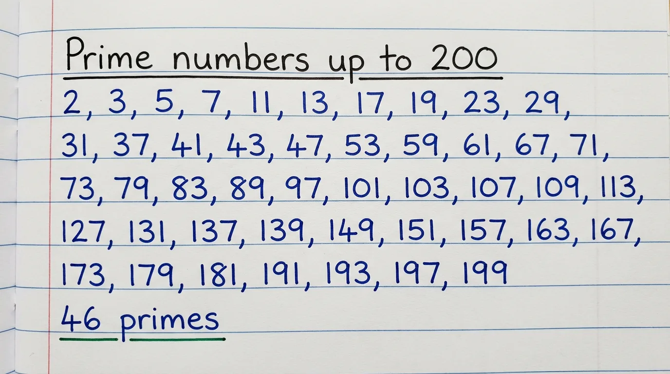 Handwritten notebook page listing the prime numbers up to 200