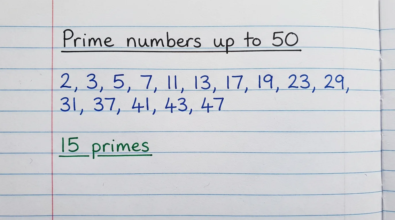 Handwritten notebook page listing the 15 prime numbers up to 50