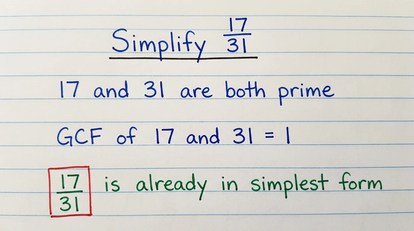 Handwritten notebook page showing 17/31 is already in simplest form because 17 and 31 are both prime