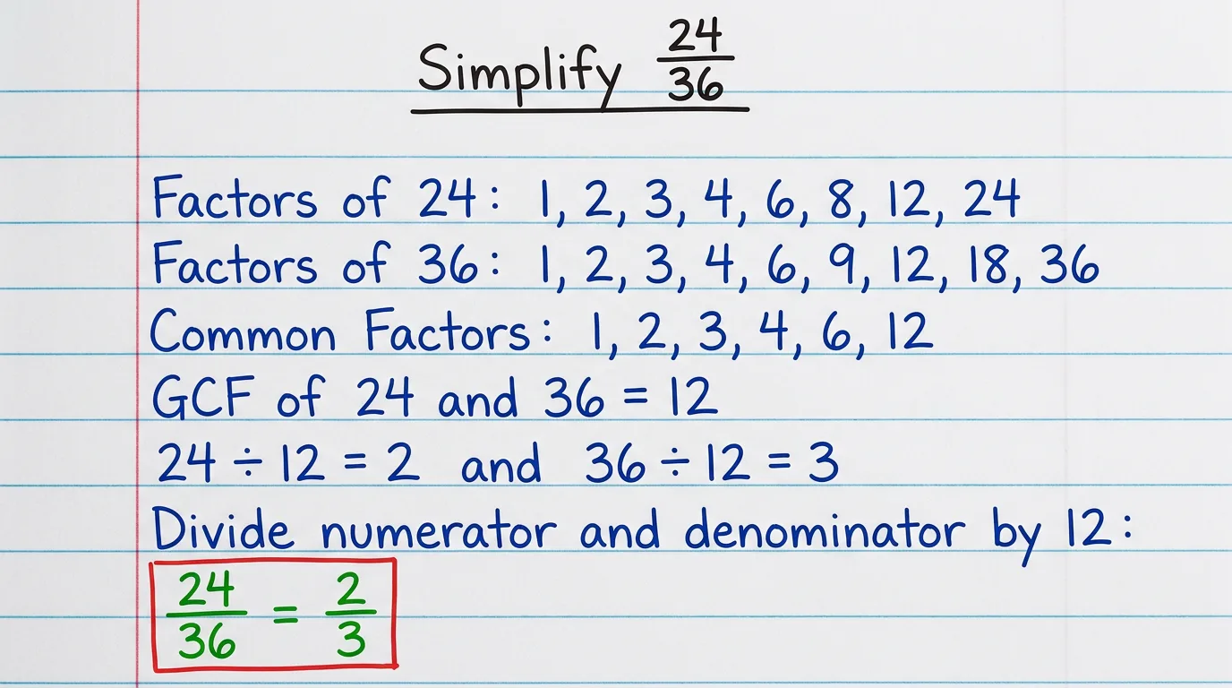 Handwritten notebook page simplifying 24/36: the GCF of 24 and 36 is 12, so 24/36 = 2/3
