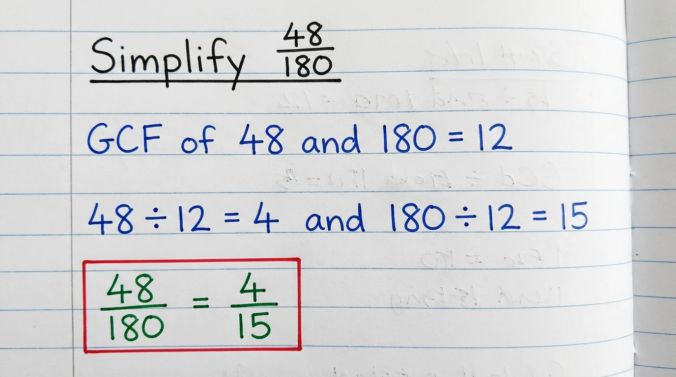 Handwritten notebook page simplifying the fraction 48/180