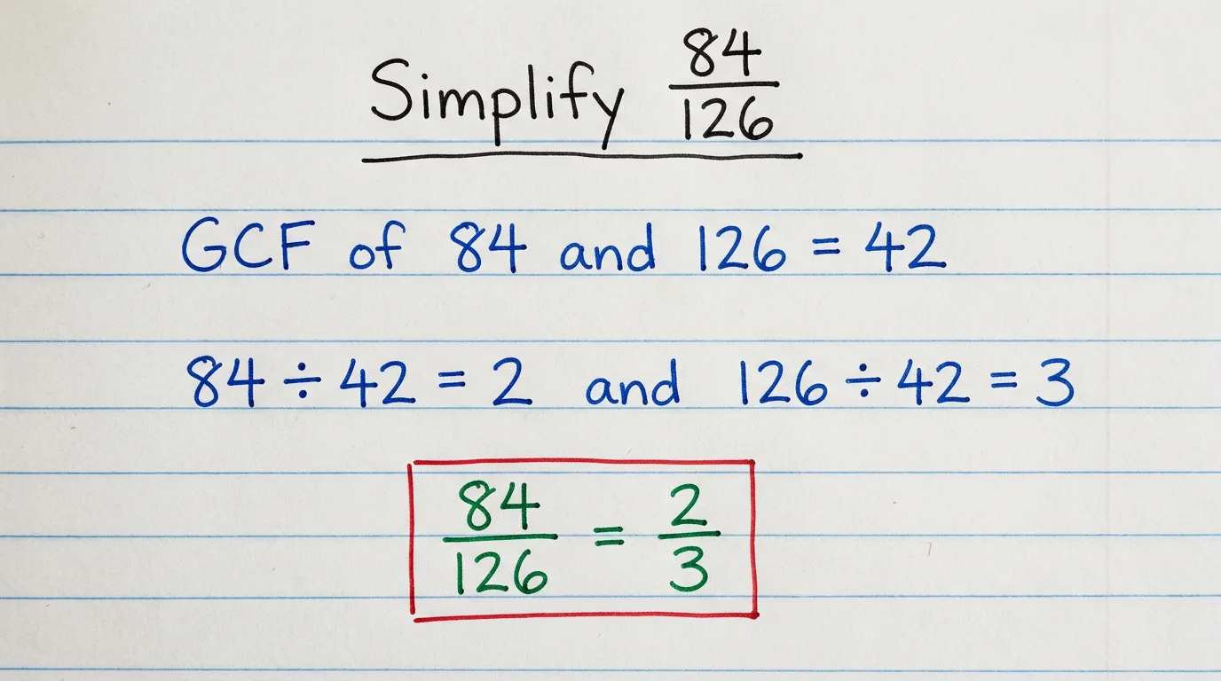 Handwritten notebook page simplifying the fraction 84/126