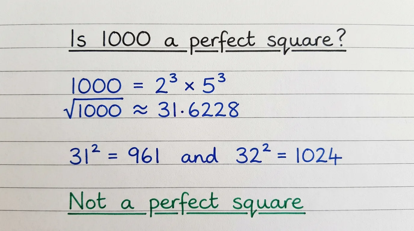 Handwritten notebook page checking whether 1,000 is a perfect square