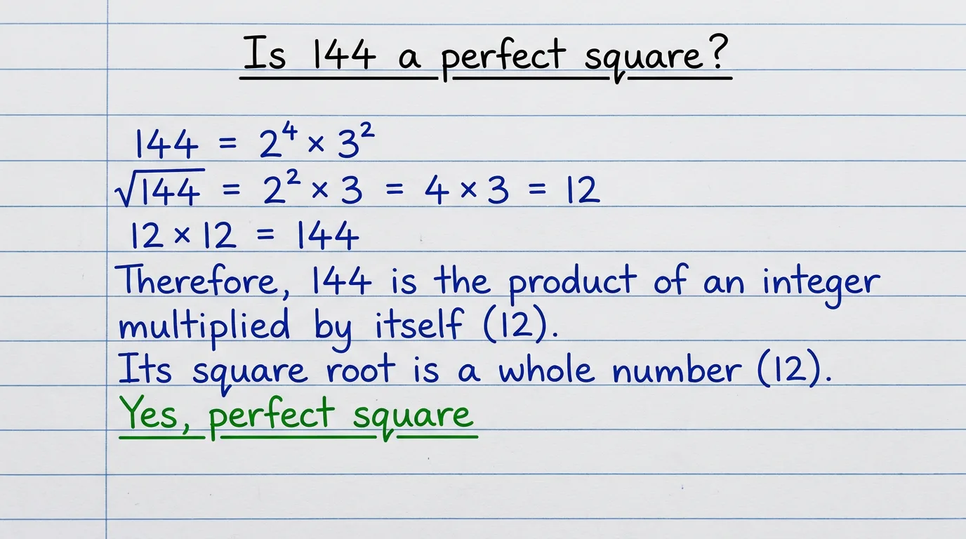 Handwritten notebook page showing 144 is a perfect square because 12 times 12 equals 144