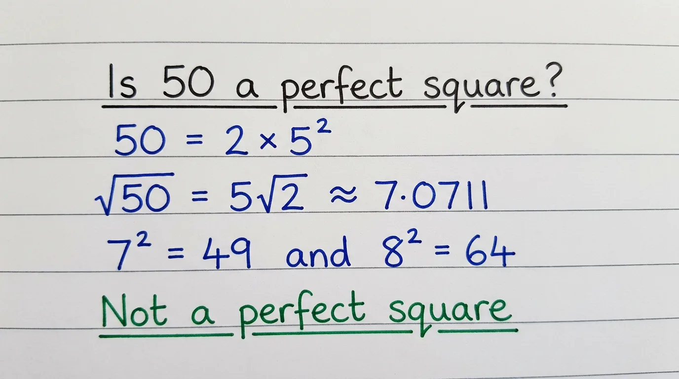 Handwritten notebook page simplifying the square root of 50 to 5 times the square root of 2