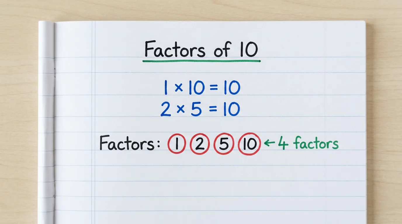 Handwritten notebook page titled Factors of 10 showing 1 × 10 = 10 and 2 × 5 = 10, with the factors 1, 2, 5 and 10 circled in red and the note 4 factors