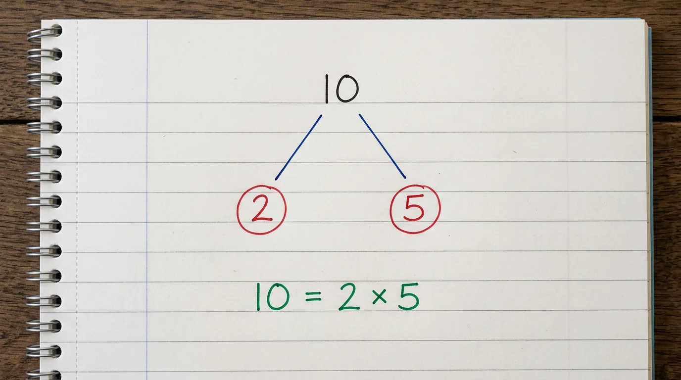 Handwritten factor tree of 10 splitting into red-circled 2 and 5, with 10 = 2 × 5 written below in green