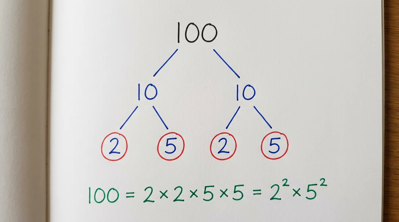 Handwritten factor tree of 100 splitting into 10 and 10, each splitting into 2 and 5, with the primes circled in red and 100 = 2 × 2 × 5 × 5 = 2² × 5² written below