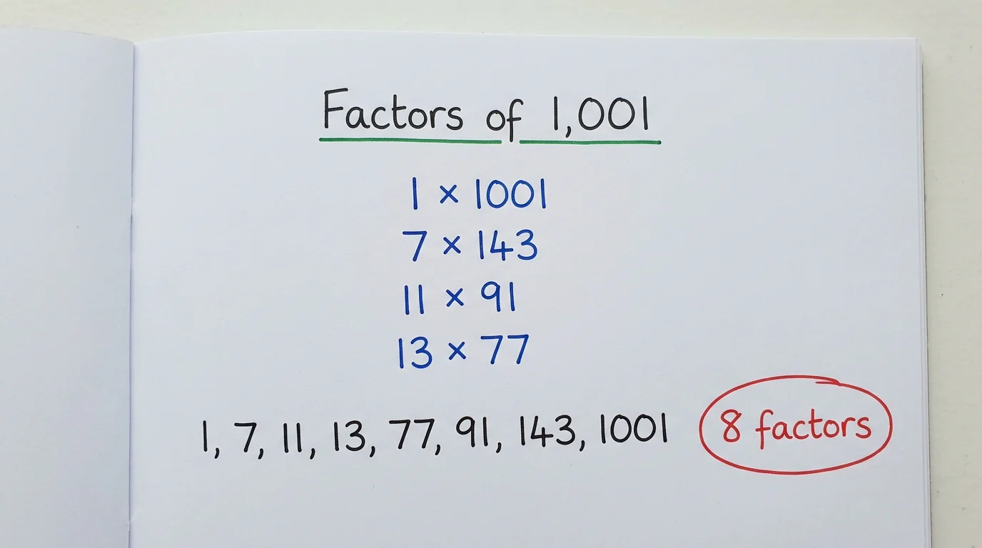 Handwritten notebook page titled Factors of 1,001 listing the pairs 1 × 1001, 7 × 143, 11 × 91 and 13 × 77, followed by the factors 1, 7, 11, 13, 77, 91, 143, 1001 and 8 factors circled in red
