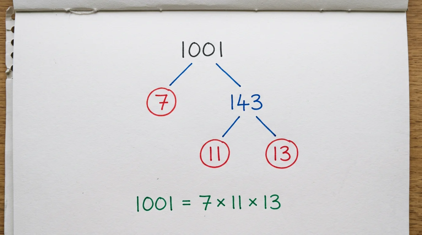 Handwritten factor tree of 1001 splitting into 7 and 143, then 143 into 11 and 13, with the primes 7, 11 and 13 circled in red and 1001 = 7 × 11 × 13 written below
