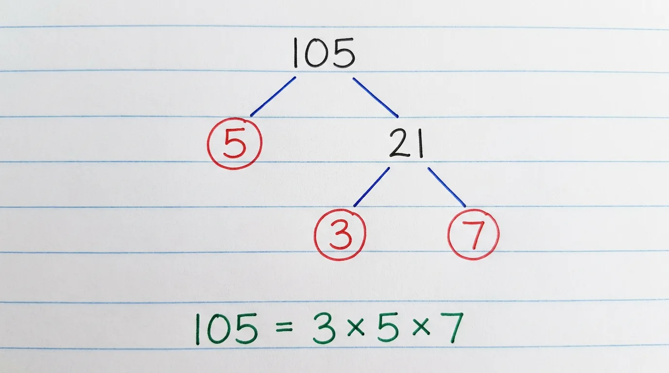 Handwritten factor tree of 105 splitting down to the circled primes 3, 5 and 7, with 105 = 3 × 5 × 7 written below