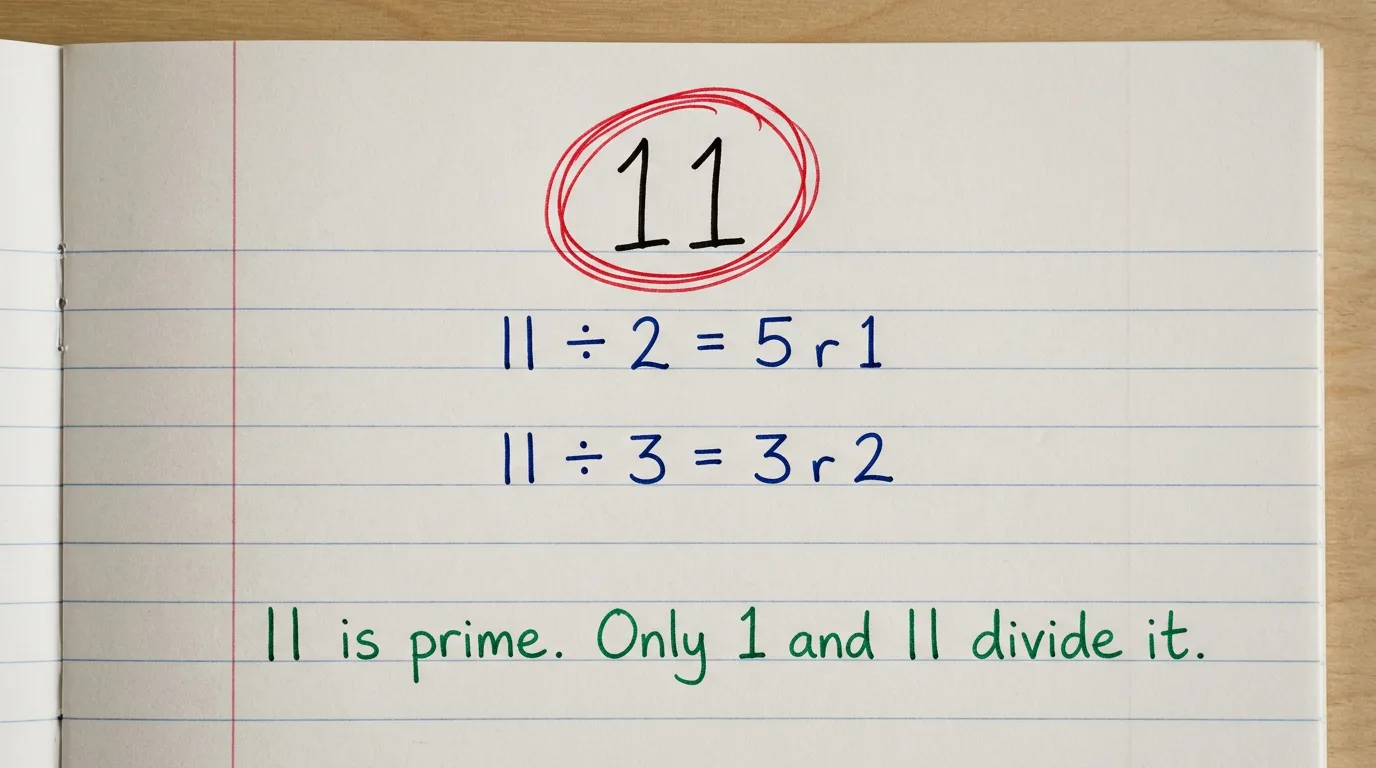 Handwritten page with 11 circled in red, then 11 ÷ 2 = 5 remainder 1 and 11 ÷ 3 = 3 remainder 2 in blue, and the green note 11 is prime, only 1 and 11 divide it