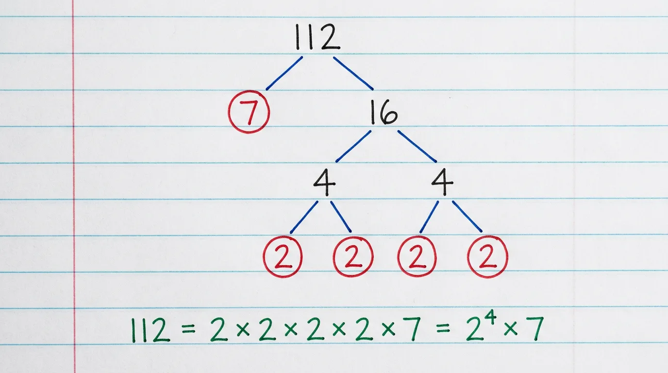 Handwritten factor tree of 112 splitting down to the circled primes 2, 2, 2, 2 and 7, with 112 = 2 × 2 × 2 × 2 × 7 = 2⁴ × 7 written below
