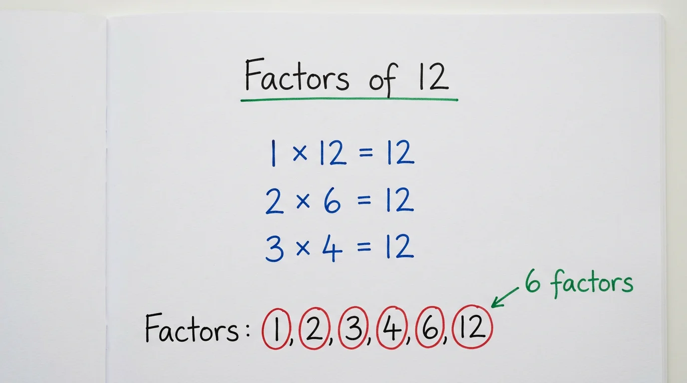 Handwritten notebook page titled Factors of 12 showing 1 × 12, 2 × 6 and 3 × 4, with the six factors 1, 2, 3, 4, 6 and 12 circled in red and the note 6 factors
