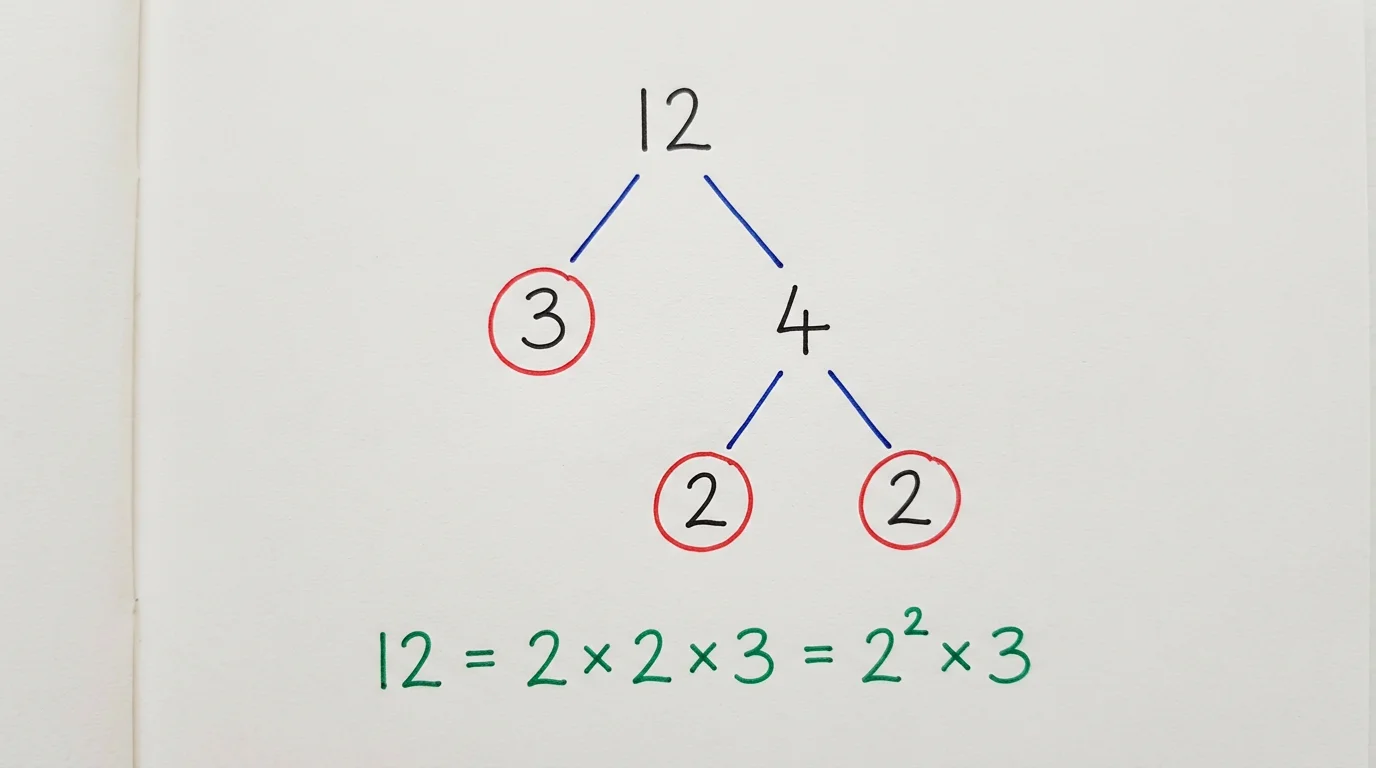 Handwritten factor tree of 12 splitting into 3 and 4, then 4 into 2 and 2, with the primes 3, 2 and 2 circled in red and 12 = 2 × 2 × 3 = 2² × 3 written below