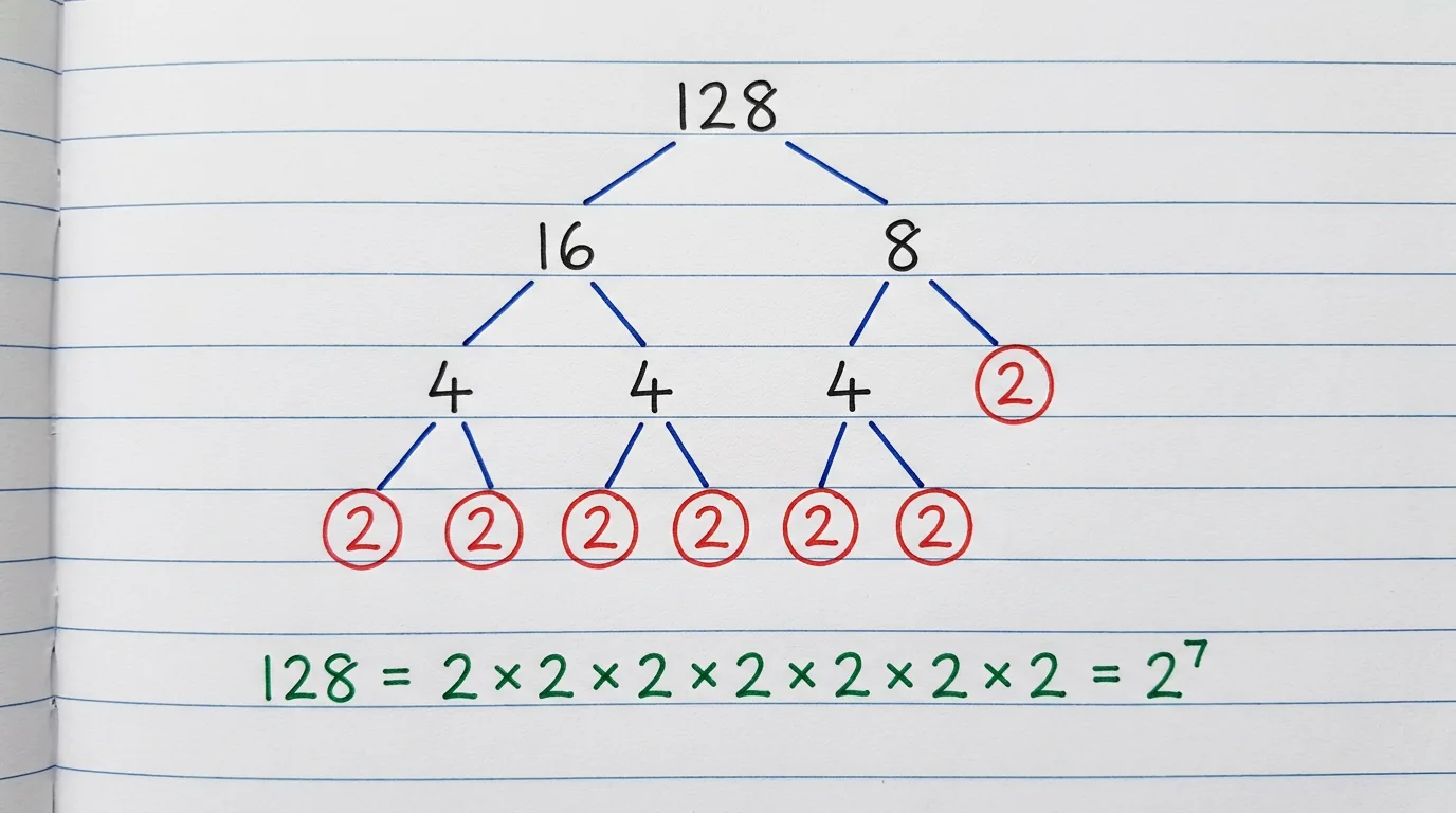 Handwritten factor tree of 128 splitting down to the circled primes 2, 2, 2, 2, 2, 2 and 2, with 128 = 2 × 2 × 2 × 2 × 2 × 2 × 2 = 2⁷ written below