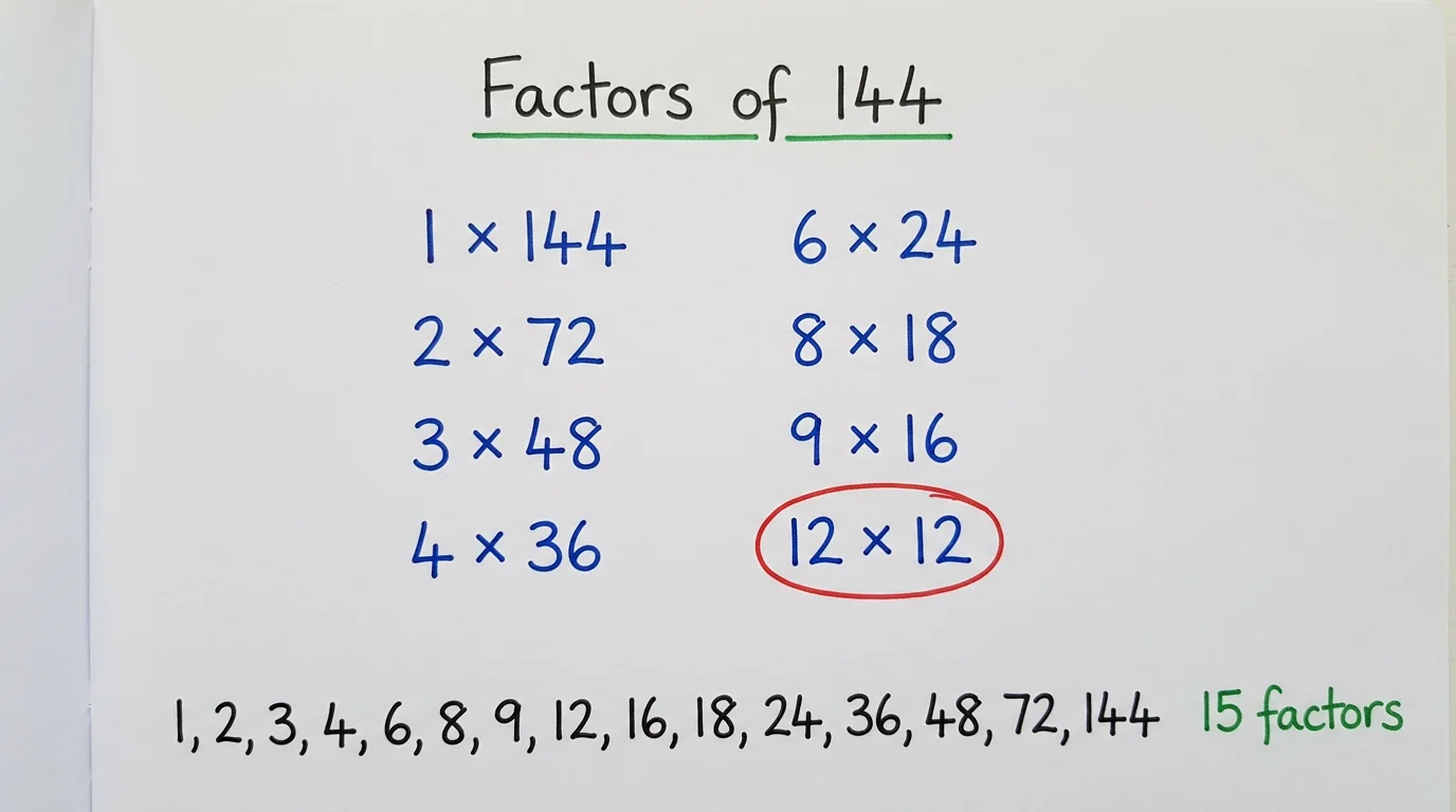 Handwritten notebook page titled Factors of 144 listing the pairs 1 × 144, 2 × 72, 3 × 48, 4 × 36, 6 × 24, 8 × 18, 9 × 16 and 12 × 12 circled in red, followed by all fifteen factors and the note 15 factors