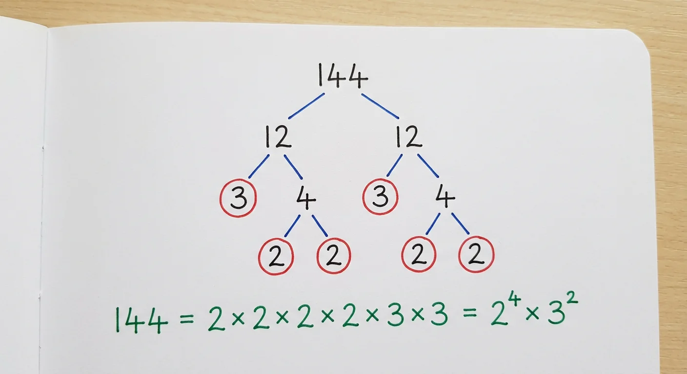 Handwritten factor tree of 144 splitting into 12 and 12, each into 3 and 4, each 4 into 2 and 2, with the primes circled in red and 144 = 2 × 2 × 2 × 2 × 3 × 3 = 2⁴ × 3² written below