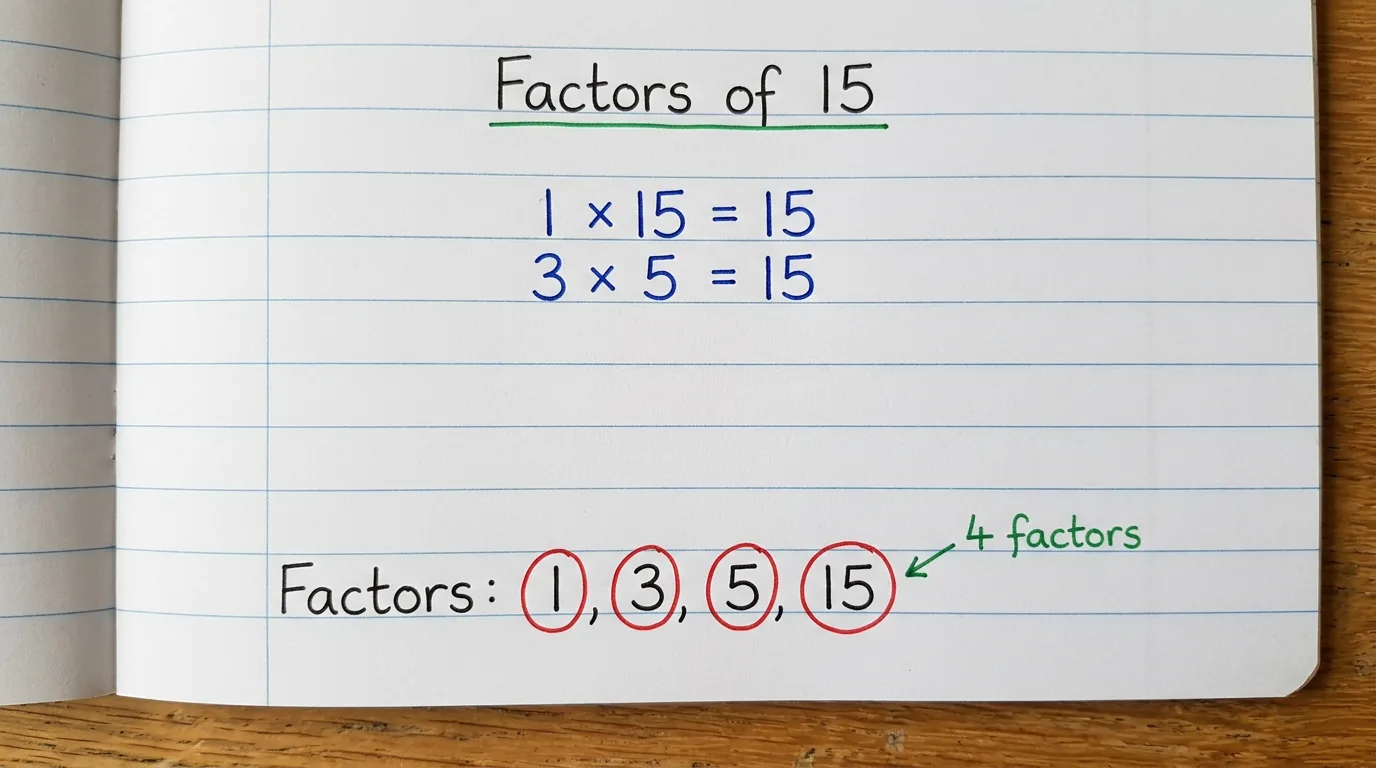 Handwritten notebook page titled Factors of 15 showing 1 × 15 = 15 and 3 × 5 = 15, with the four factors 1, 3, 5 and 15 circled in red and the note 4 factors