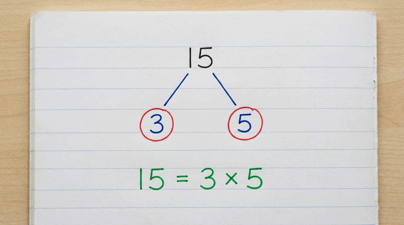 Handwritten factor tree of 15 splitting into red-circled 3 and 5, with 15 = 3 × 5 written below in green