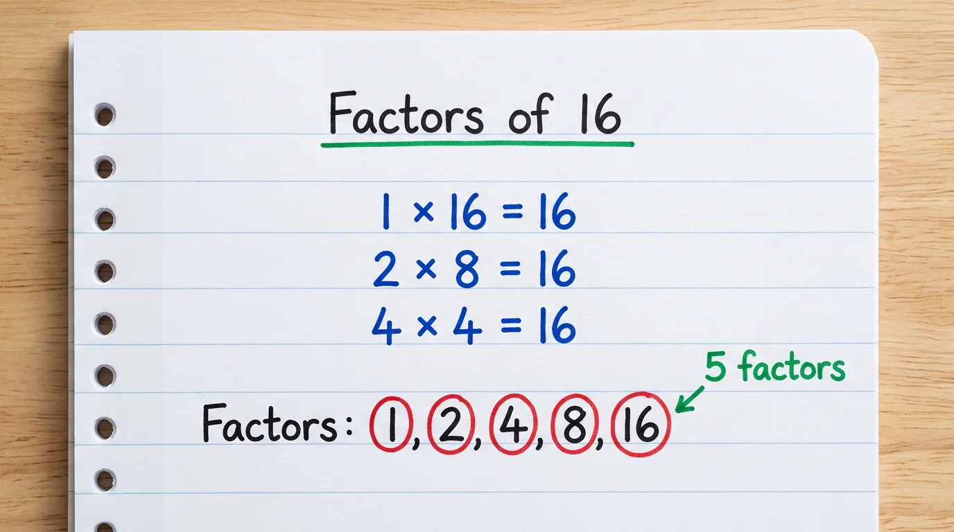 Handwritten notebook page titled Factors of 16 showing 1 × 16 = 16, 2 × 8 = 16 and 4 × 4 = 16, with the factors 1, 2, 4, 8 and 16 circled in red and the note 5 factors