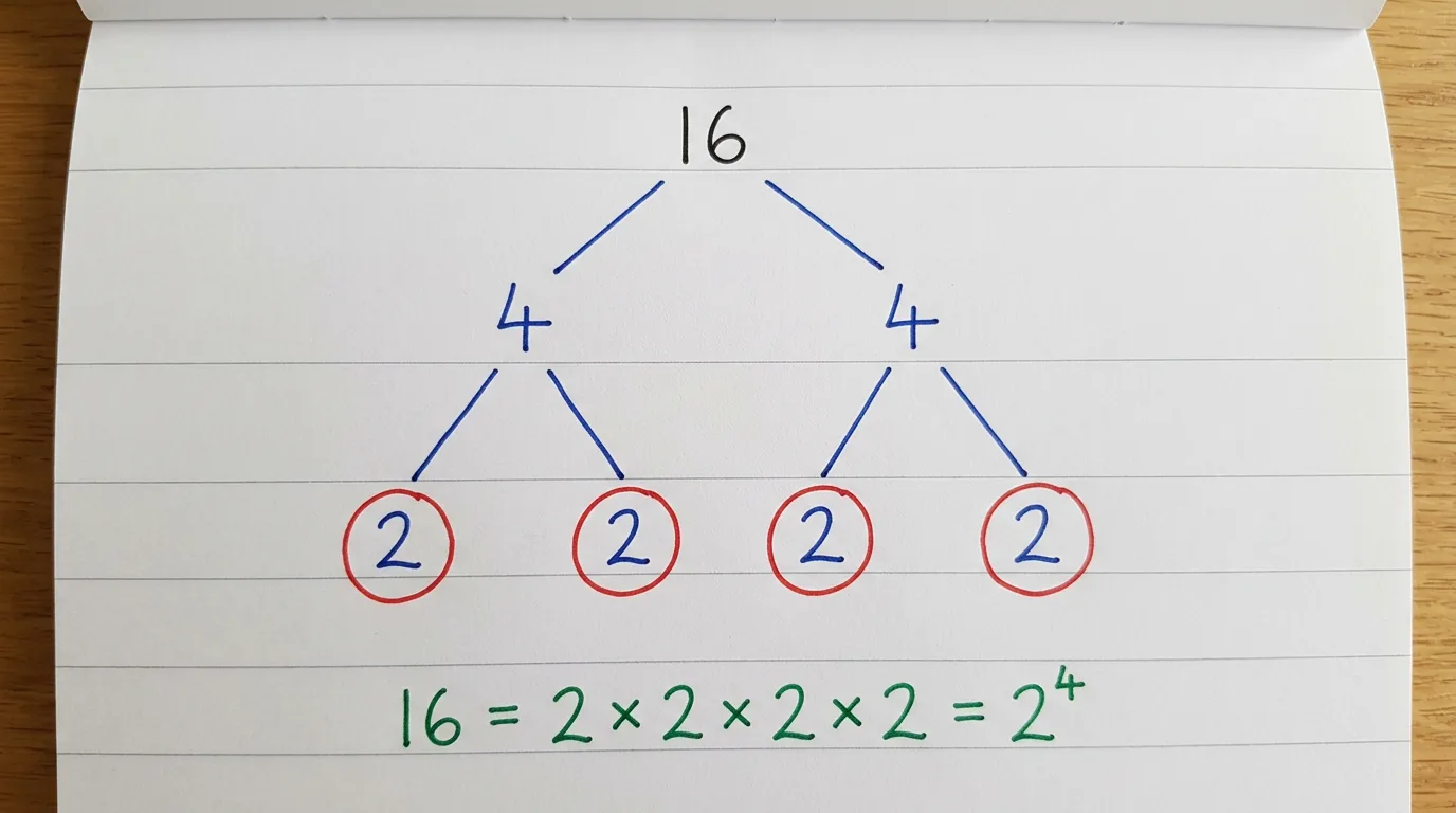 Handwritten factor tree of 16 splitting into 4 and 4, then each 4 into two 2s, with four red-circled 2s and 16 = 2 × 2 × 2 × 2 = 2⁴ written below