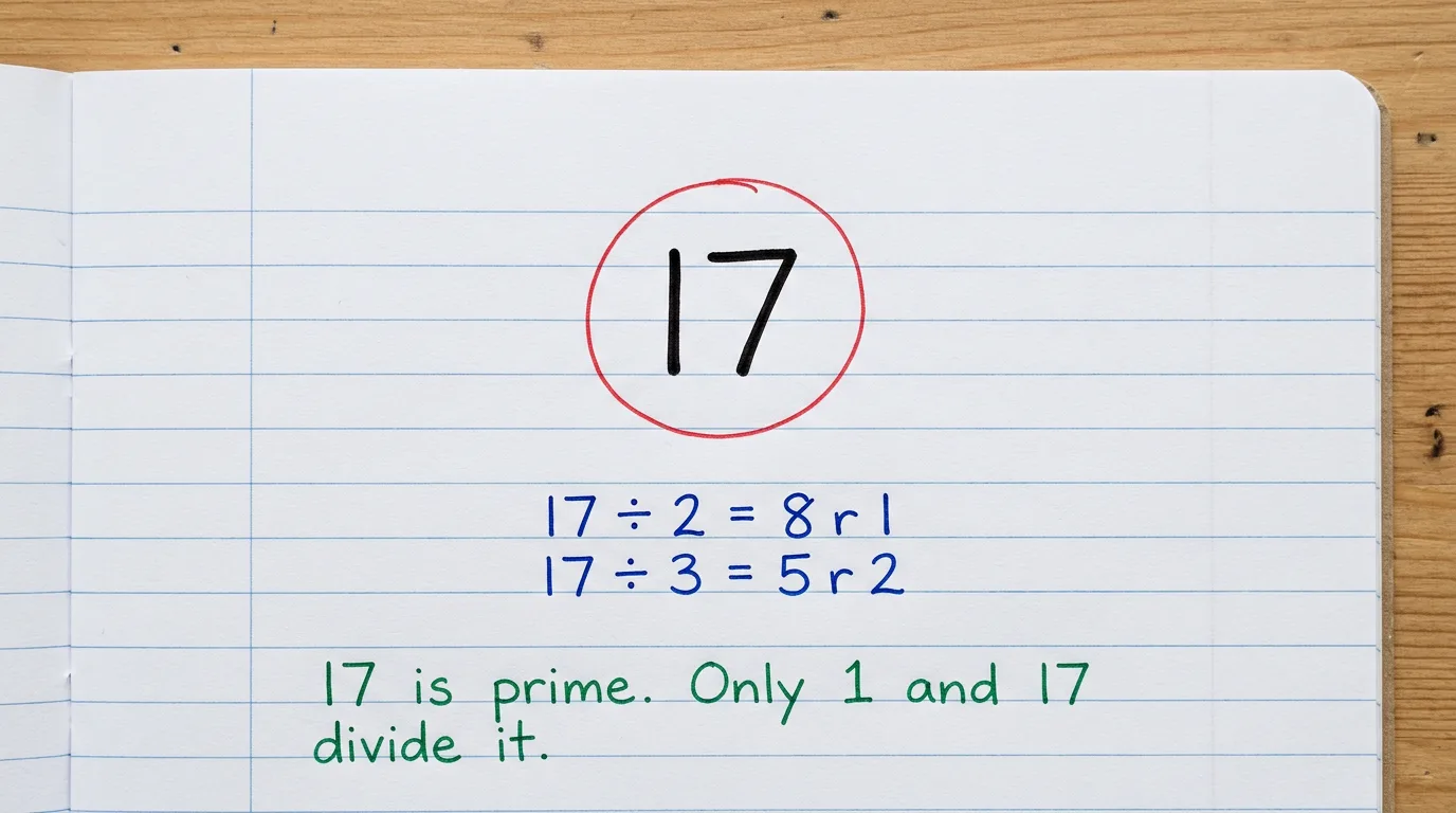 Handwritten page with 17 circled in red, then 17 ÷ 2 = 8 remainder 1 and 17 ÷ 3 = 5 remainder 2 in blue, and the green note 17 is prime, only 1 and 17 divide it