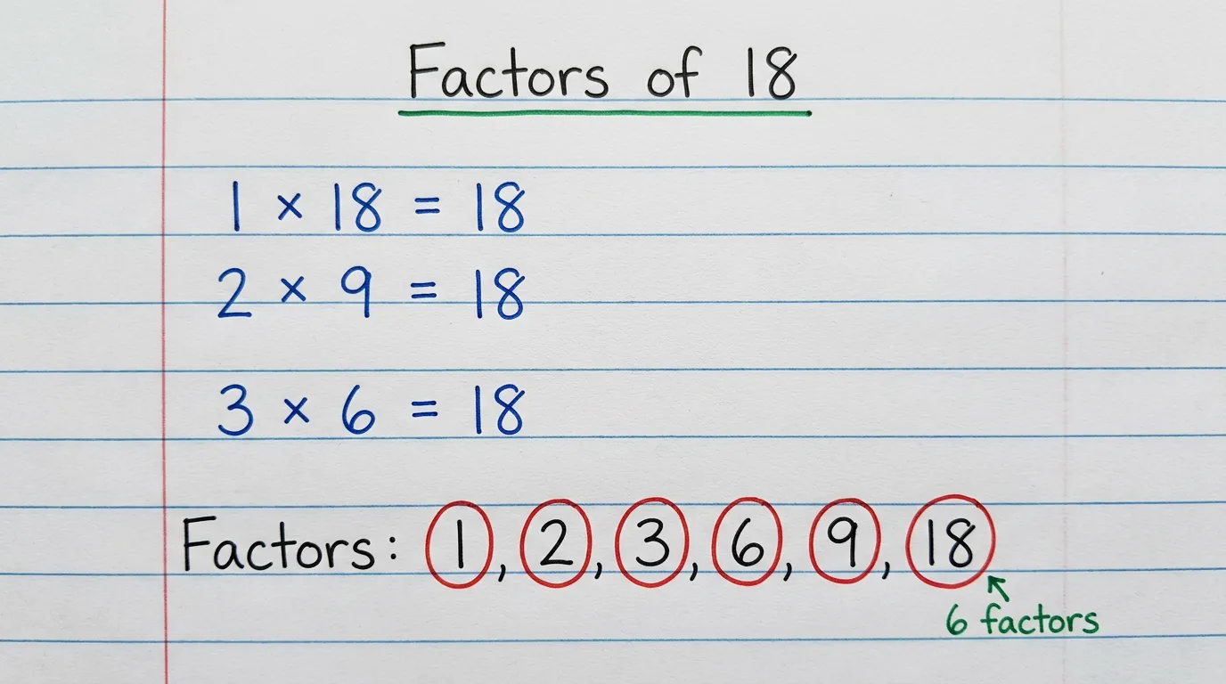 Handwritten notebook page titled Factors of 18 showing 1 × 18, 2 × 9, 3 × 6 all equal to 18, with the six factors 1, 2, 3, 6, 9 and 18 circled in red and the note 6 factors