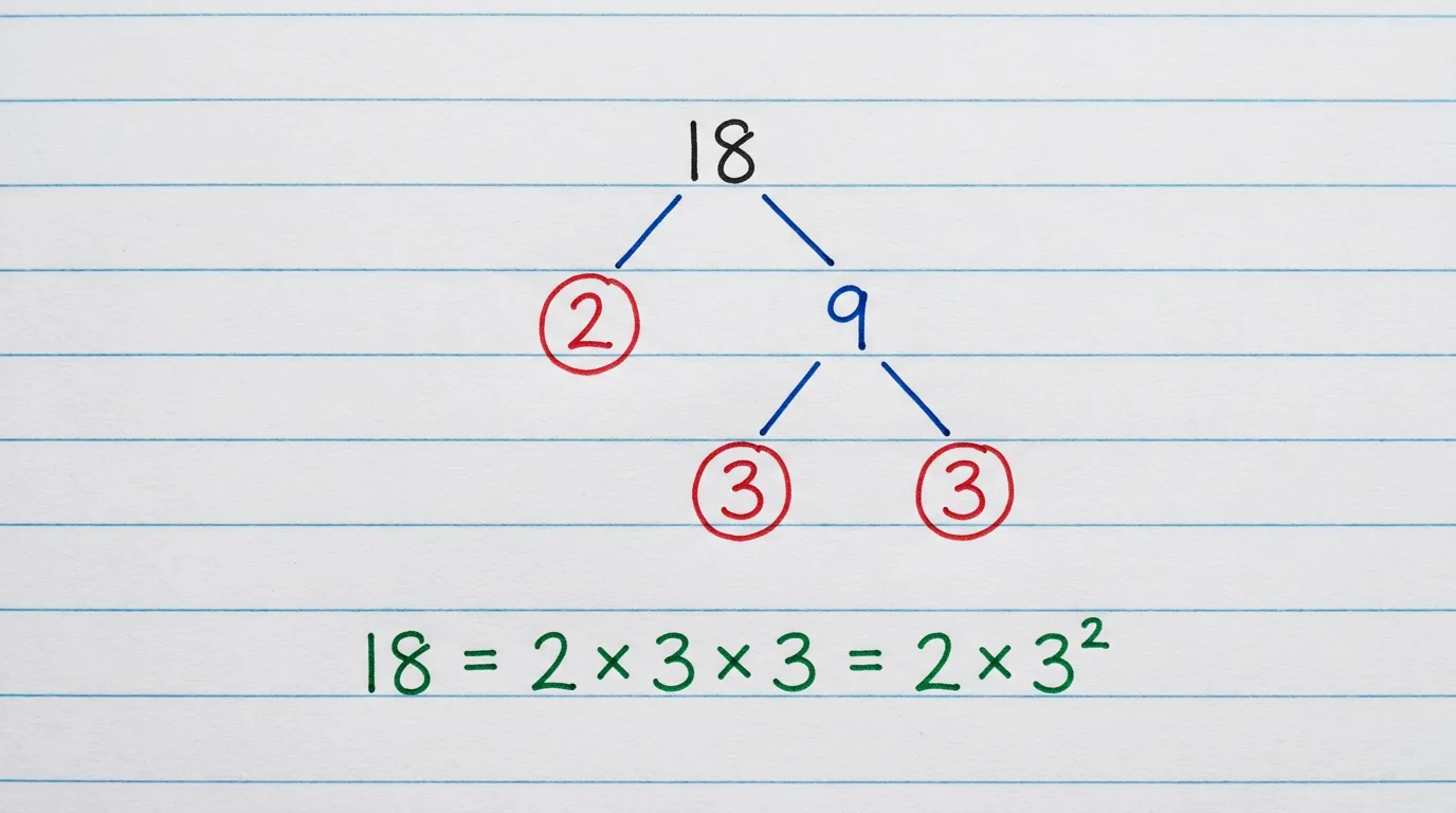 Handwritten factor tree of 18 splitting down to the circled primes 2, 3 and 3, with 18 = 2 × 3 × 3 = 2 × 3² written below