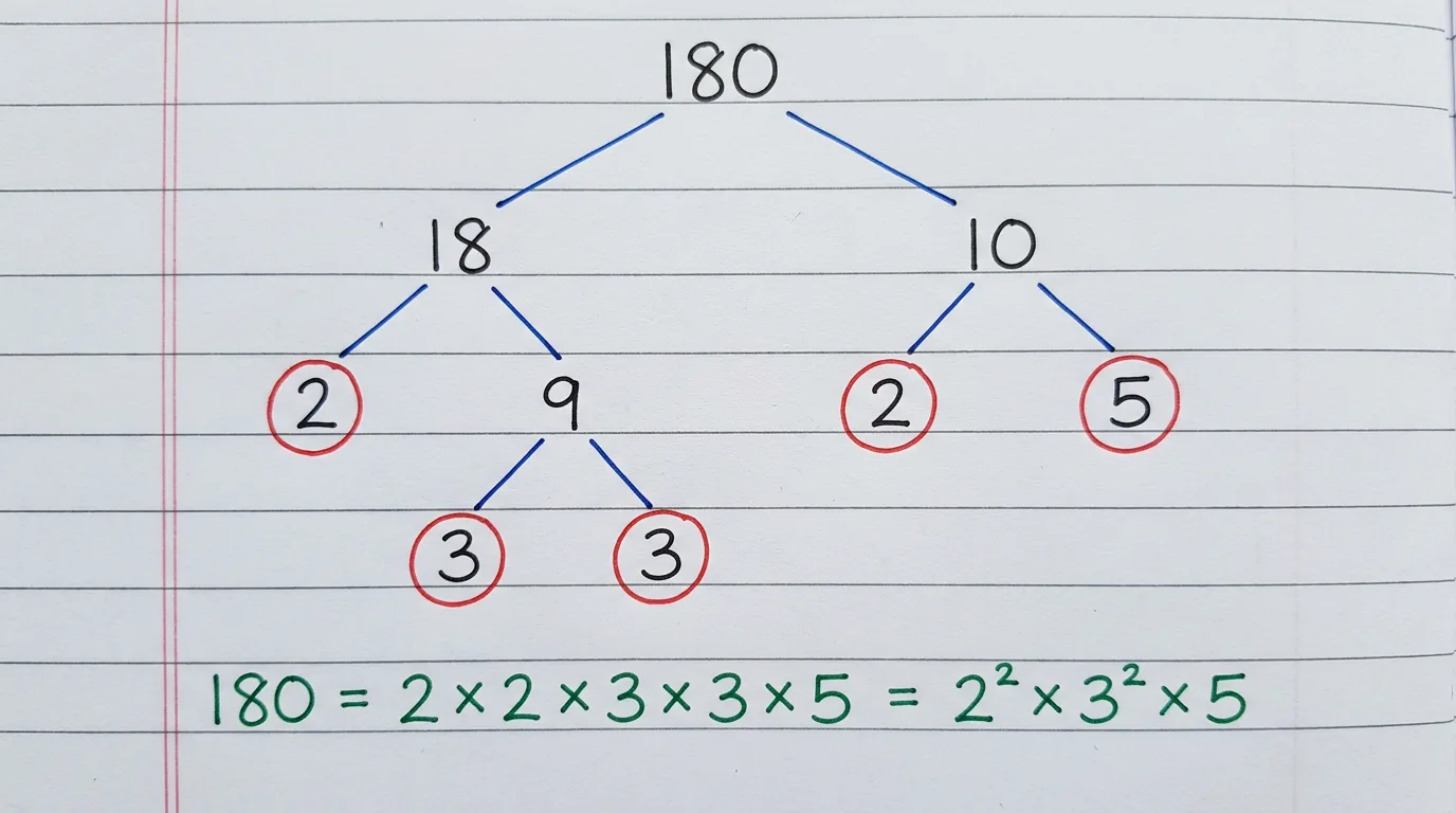 Handwritten factor tree of 180 splitting down to the circled primes 2, 2, 3, 3 and 5, with 180 = 2 × 2 × 3 × 3 × 5 = 2² × 3² × 5 written below