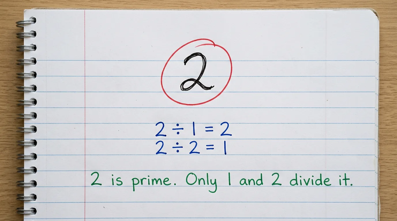 Handwritten page with the number 2 circled in red, then 2 ÷ 1 = 2 and 2 ÷ 2 = 1 in blue, and the green note 2 is prime, only 1 and 2 divide it