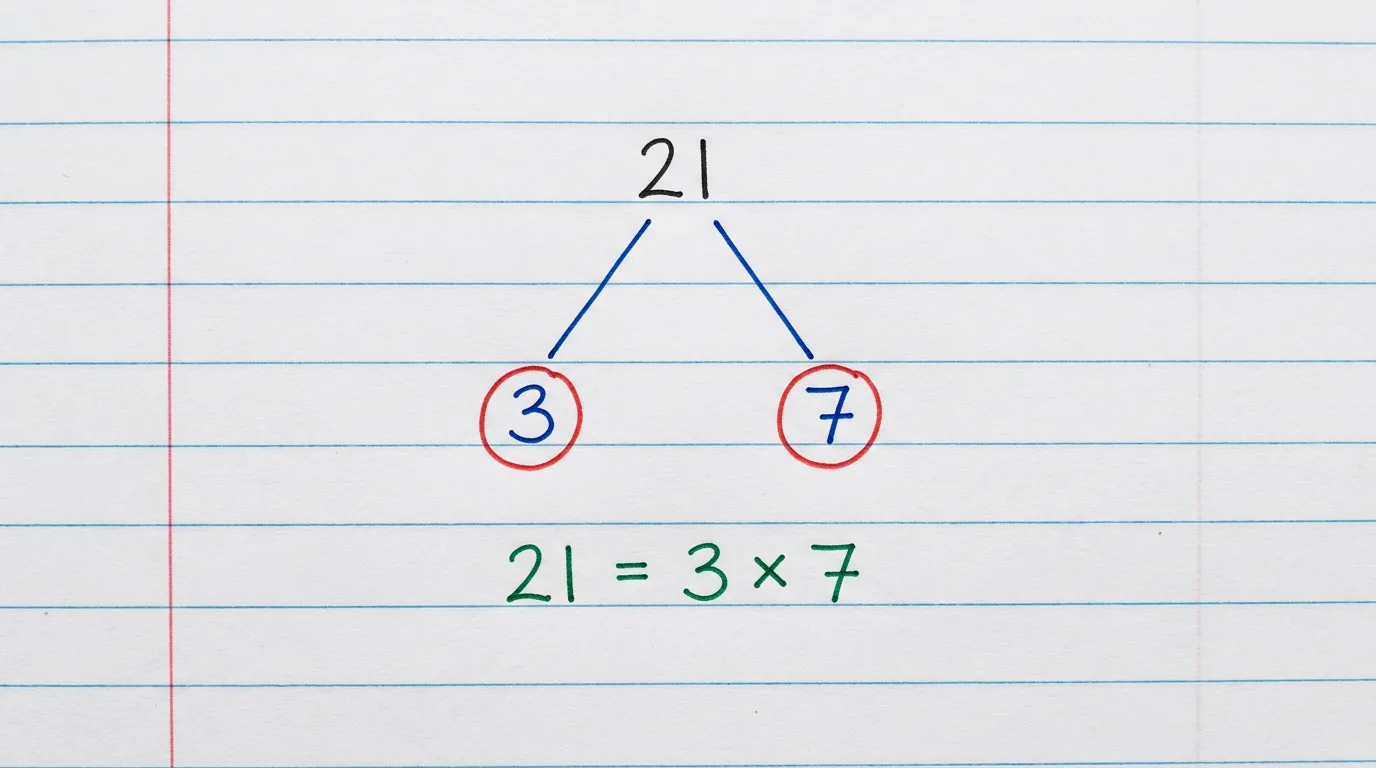 Handwritten factor tree of 21 splitting down to the circled primes 3 and 7, with 21 = 3 × 7 written below